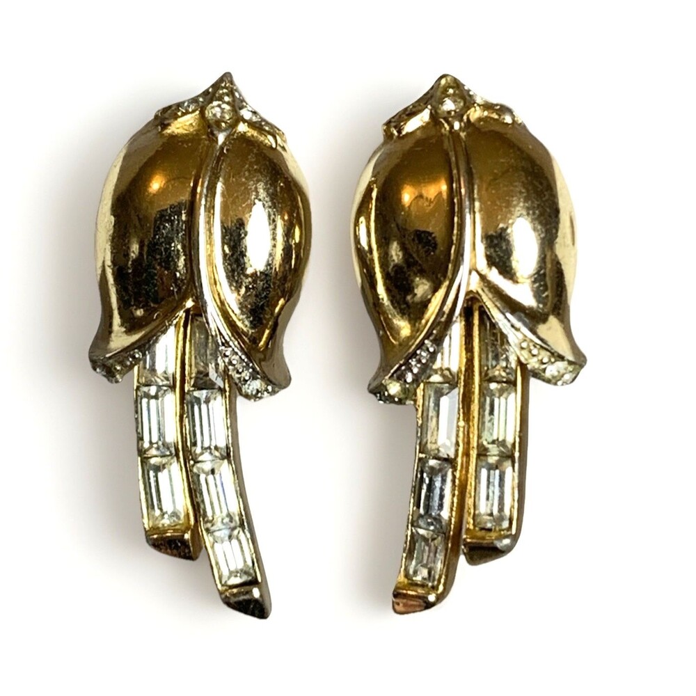 Vintage Coro Tulip Screw Back Earrings Gold Tone Baguette Rhinestone Floral